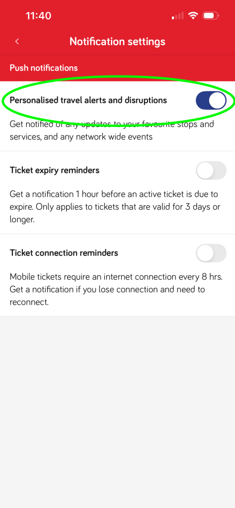Screenshot of app illustrating the toggle on on personalised travel alerts and disruptions